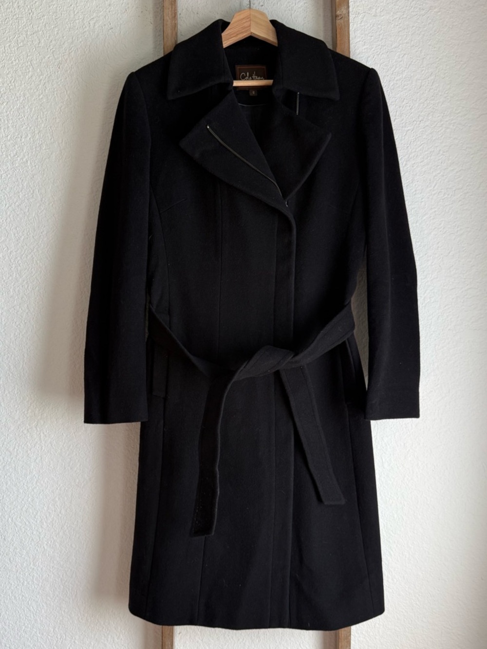 Cole Haan Double Breast A-Symmetrical Longline Black Wool Blend Coat sz: 12